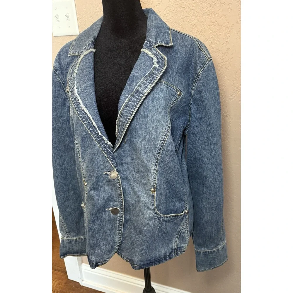 Baccini Women's Denim Jean Jacket 2 Button Blazer W/ Studs & Frayed Trim XL 90s